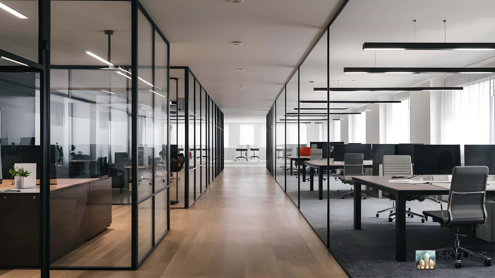 Black-framed glass partition walls dividing a modern office floor