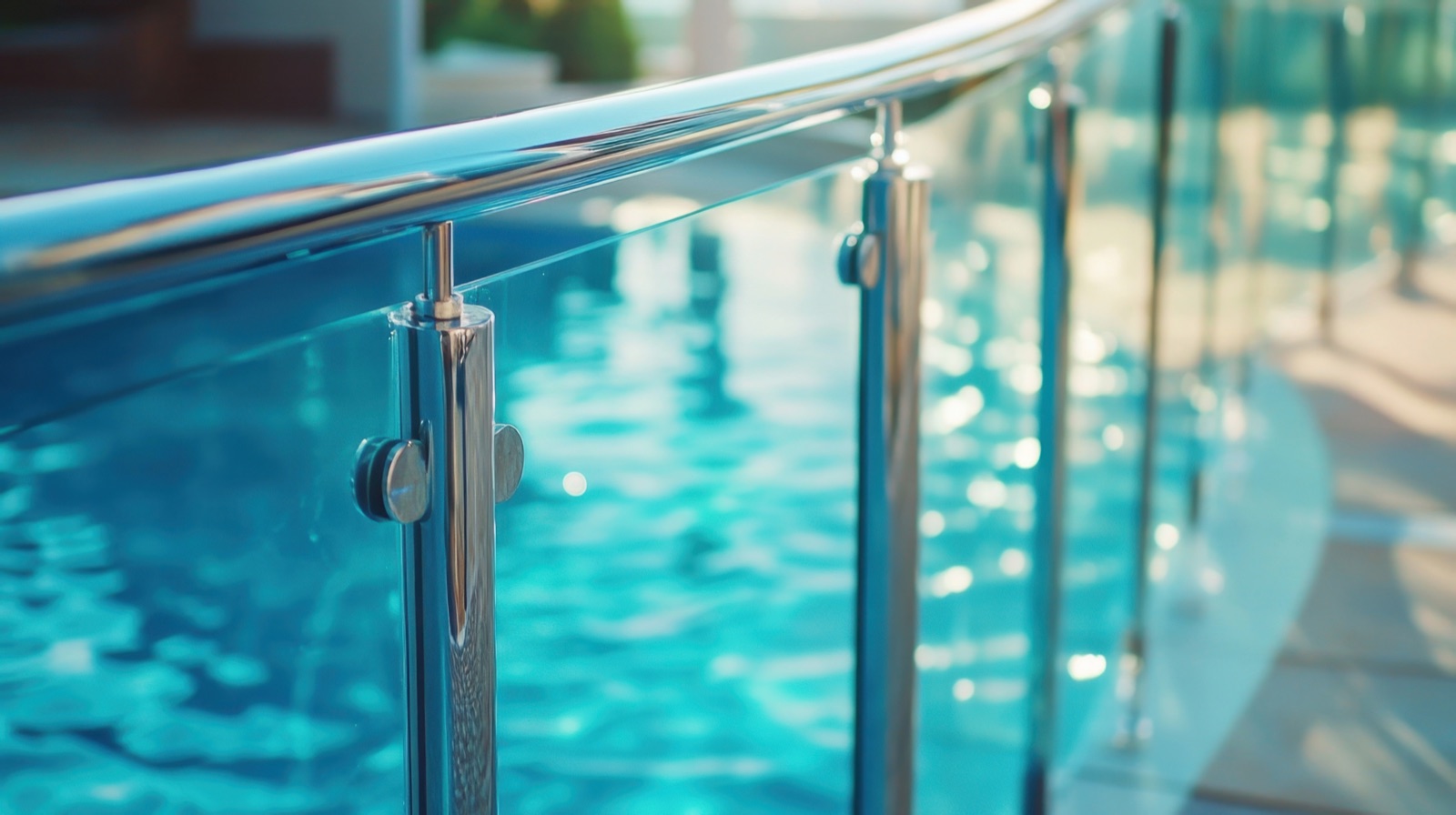 Frameless glass guard railing beside a rooftop pool overlooking the city